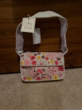 White Beaded Shoulder Bag with Pink Floral Embroidery RARE